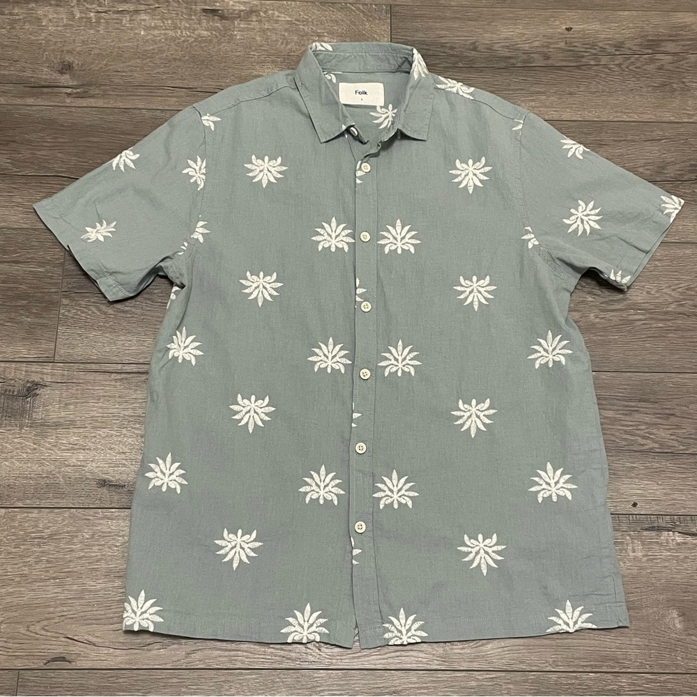 Folk Palm Print Shirt Short Sleeve Button Up Casual Green Linen Cotton Sz S
